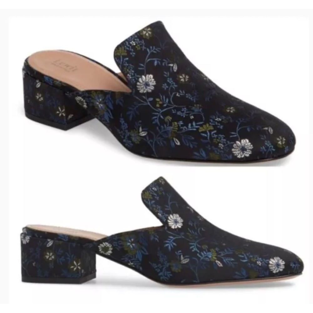 Lewit Bianca Floral Embroidered Navy Block Heel Mules Size 7 US 37.5 EU